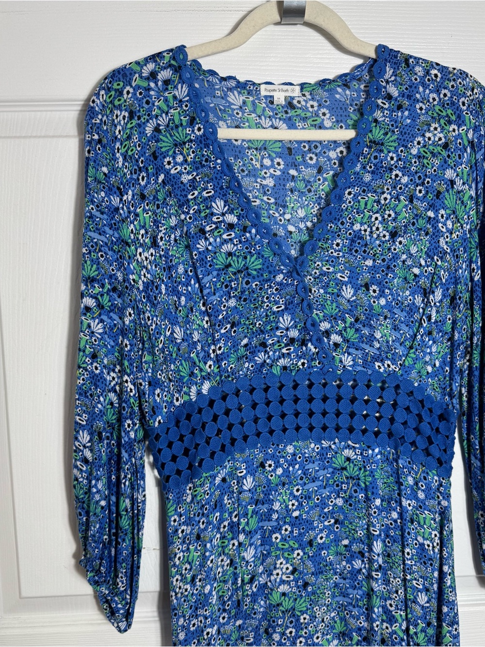 Poupette St Barth Joan Floral Maxi Dress Blue Crochet Waist Size M - Picture 7 of 13